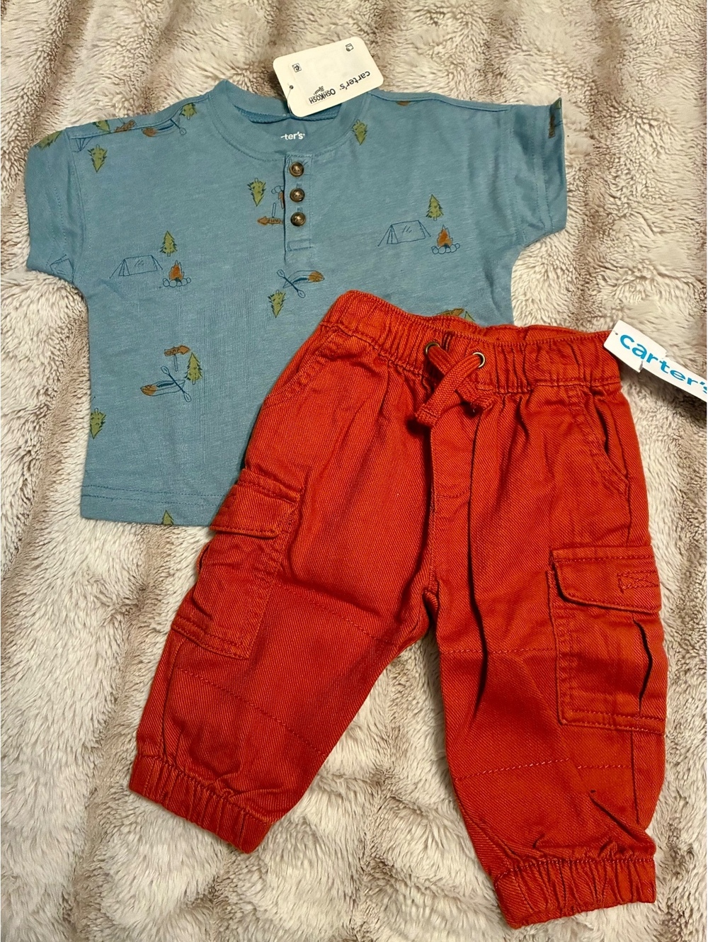 Carter's Baby Boy Camping Tee & Rust Cargo Jogger Pants Outfit Set NWT Sz 6mth